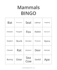 Mammals Bingo