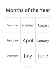 Months of the Year Bingo