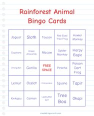 Rainforest Animal Bingo Cards