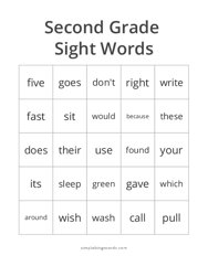 Second Grade Sight Words Bingo