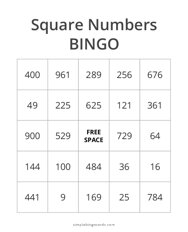 Square Numbers Bingo