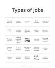 Types of Jobs Bingo