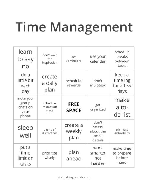 Time Management Bingo