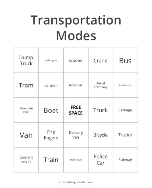 Transportation Modes Bingo