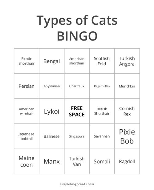 Cat Breeds Bingo