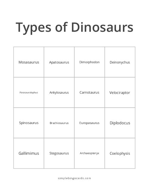 Types of Dinosaurs Bingo