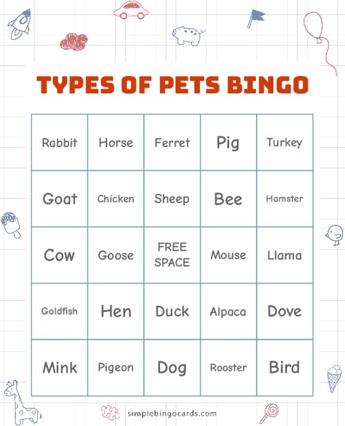 Types of Pets Bingo