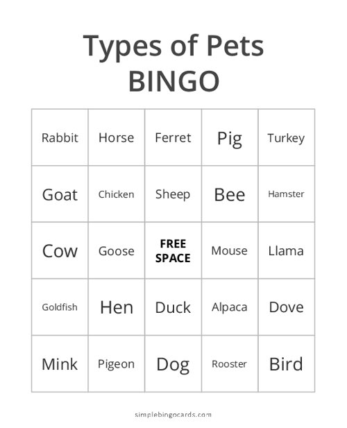Types of Pets Bingo