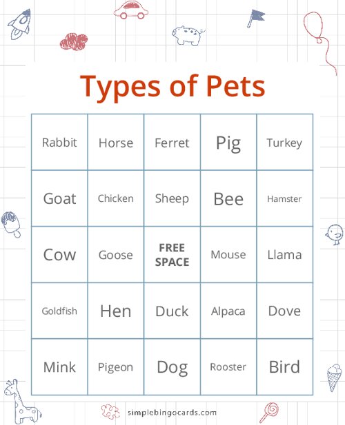 Types of Pets Bingo