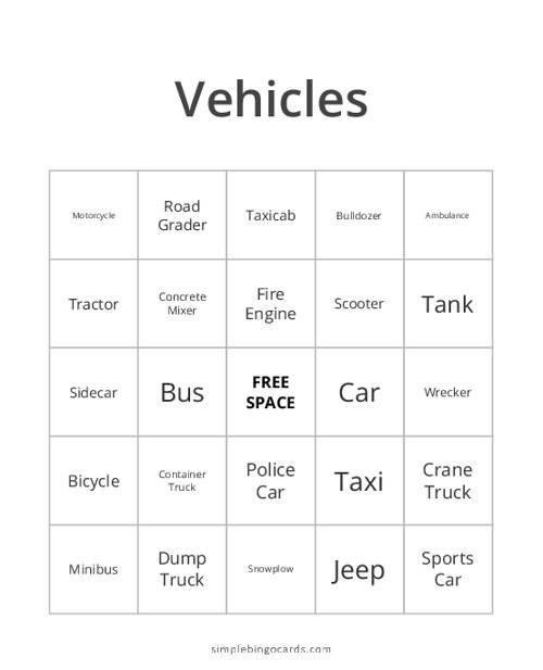 Vehicles Bingo